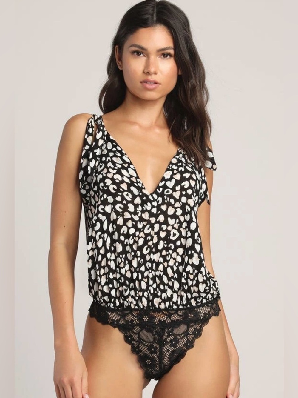 Free People Bare it All Black animal Print Tie Straps Lace thong bodysuit XS